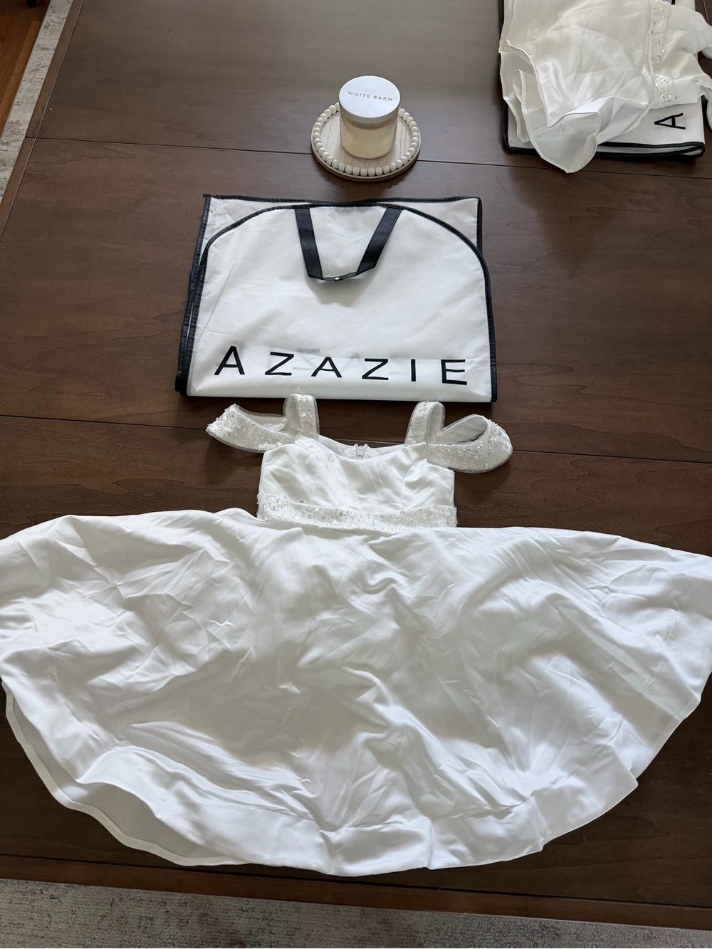 Azazie Ivory White 5T Flower Girl Dress with Sparkle Straps and Beaded Waist